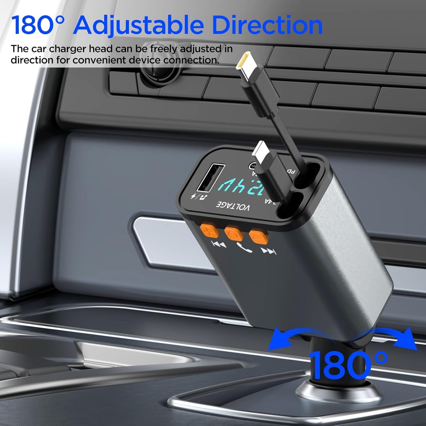 Retractable Car Charger,5 in 1 PD Car Phone Charger with Bluetooth 5.3 FM Transmitter,Handsfree Call and MP3 Player,2 Retractable Cables and USB Charging Adapter for Cars Phone,Galaxy,Pixel(Grey)