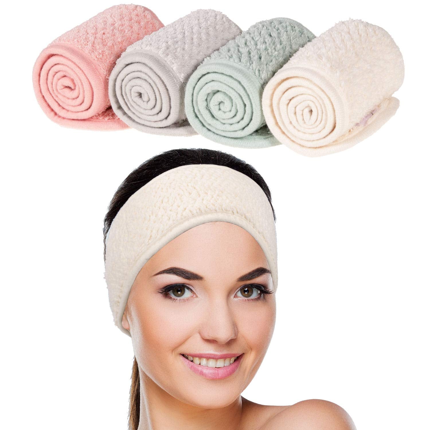 4 Pack Adjustable Spa Facial Headbands - Soft Coral Fleece Hair Wraps in Pea Green, Pink, Beige, and Light Gray for Effortless Face Washing, Showering, and Yoga
